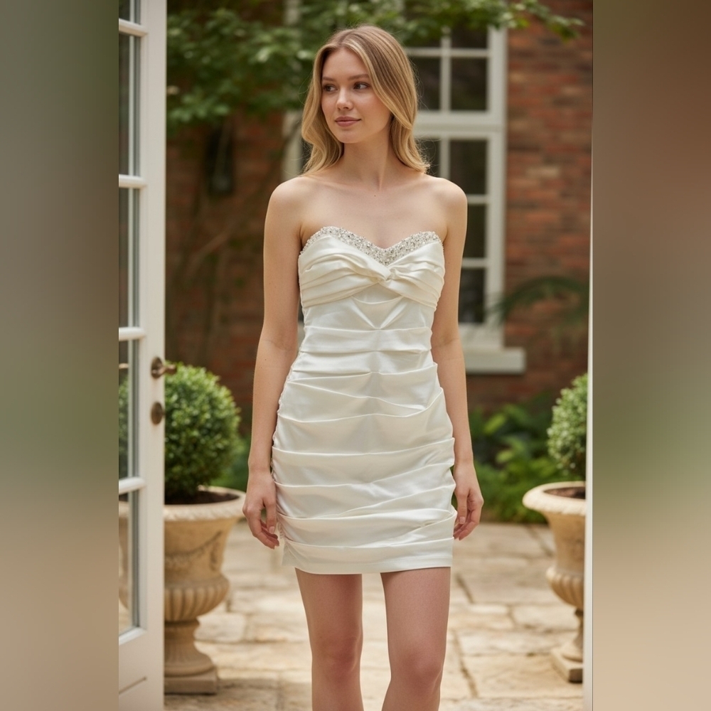 David's Bridal Cream Wedding Dress with Beaded Bodice